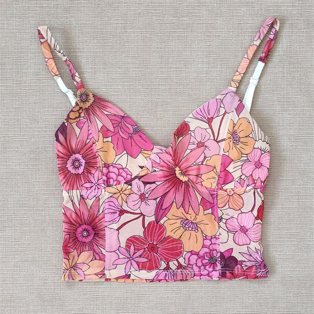 Timing Floral Pink Orange Flower Retro Tank Top Sheer Summer Beach Tropical Smal